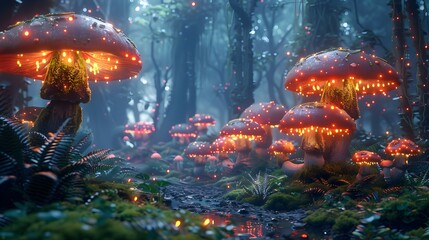 Enchanted Forest with Glowing Mushrooms and Magical Creatures Detailed and Digital