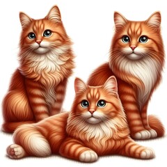 Generative AI  A trio of red cats lounging side by side on a bright white background, highlighting their striking color and companionship.