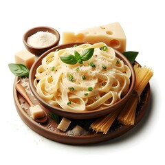 Generative AI   Overhead shot of pasta with cheese, tomatoes, and herbs on a white surface, emphasizing the dish's colorful ingredients.