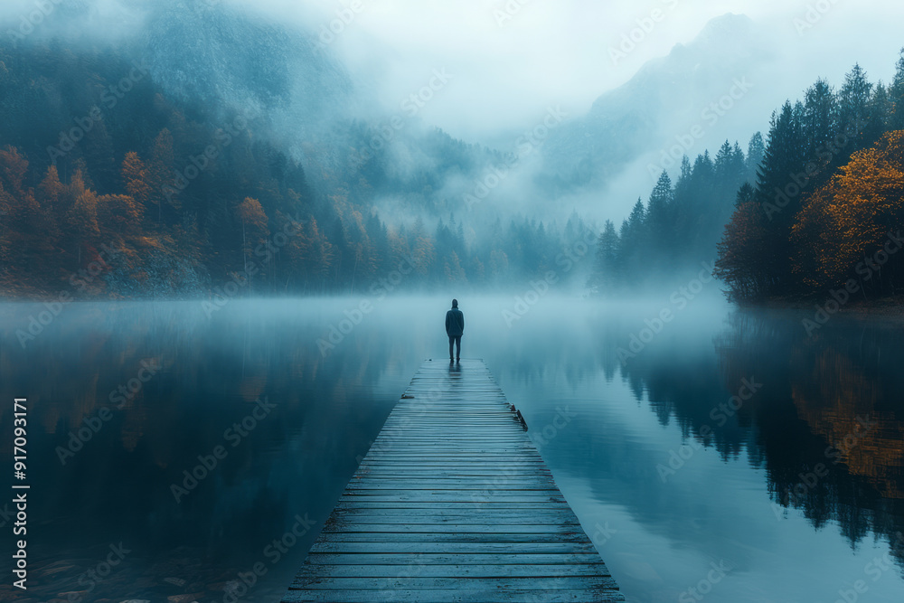 Wall mural a silent lake in the early morning mist, with a lone figure standing on a dock, gazing out at the st