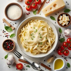 Generative AI  Aerial view of pasta adorned with cheese, fresh tomatoes, herbs, and spices, set against a clean white background.