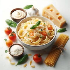 Generative AI  Top view of pasta topped with cheese, tomatoes, herbs, and spices on a white background, showcasing vibrant colors and textures.
