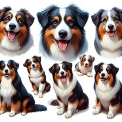 Generative AI  A collection of six Australian Shepherd breeds, showcasing their unique features and characteristics in a vibrant setting.
