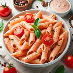 Generative AI  Aerial view of penne pasta coated in rich tomato sauce, garnished with basil leaves, set against a white backdrop.