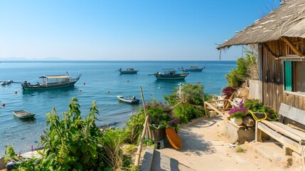 Fototapeta premium Picturesque Coastal Fishing Village with Quaint Wooden Houses and Boats Floating on Serene Waters