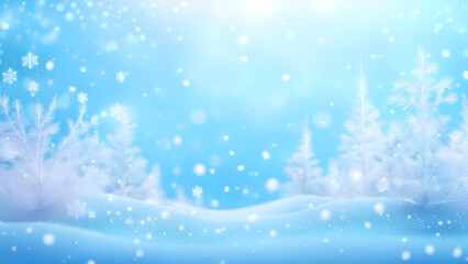 A serene winter landscape featuring snow-covered trees, delicate snowflakes falling from the sky, and a festive holiday atmosphere with a touch of Christmas magic