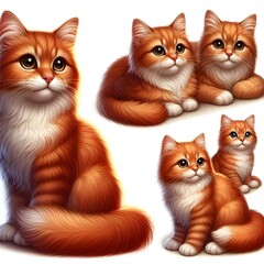 Generative AI  Three red cats sitting closely together against a clean white background, showcasing their vibrant fur and playful demeanor.
