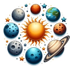 Generative AI  Visual illustration of the solar system, featuring the sun surrounded by the planets, emphasizing their orbital paths.
