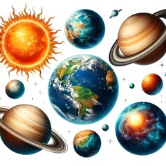 Generative AI  Artistic representation of the solar system, displaying the sun at the center with planets orbiting in a vibrant arrangement.
