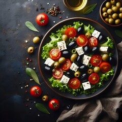 Generative AI  A black plate displays a Greek salad with olives, tomatoes, spinach, and feta cheese, captured from a top-down perspective.
