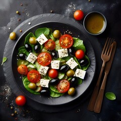 Generative AI  A top view of a Greek salad featuring feta cheese, olives, tomatoes, and spinach on a sleek black plate.