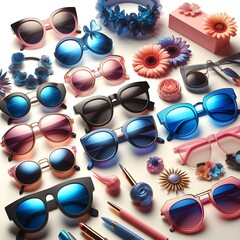 Generative AI  Four colorful sunglasses in distinct shapes, representing a variety of fashionable options for sun protection.