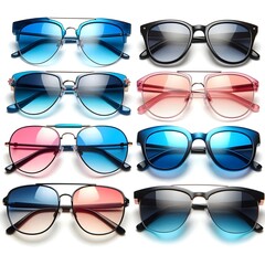 Generative AI   A display of four uniquely shaped sunglasses in different colors, highlighting diverse styles for summer fashion.