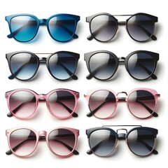 Generative AI  Four pairs of sunglasses in various shapes and colors, showcasing a vibrant selection for stylish eyewear choices.
