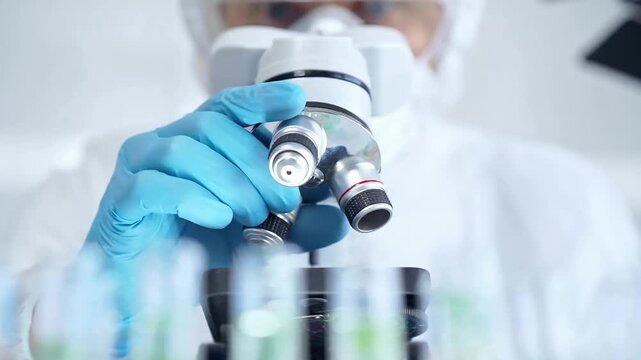 Professional scientist in protective gear is using microscope in a laboratory setting, close-up. Science and medicine concepts