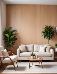 Fototapeta premium A modern living room with a beige sofa, a wooden accent wall, and a potted plant on a side table
