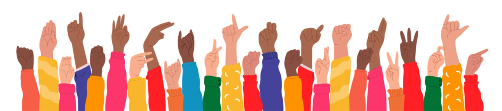 Set of hands in doodle style isolated human arms. Hands raised up demonstrate American sign language alphabet. vector illustration for ASL education poster, card, brochure, canvas, website, books