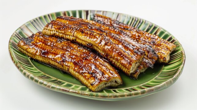 Grilled unagi or eel on green plate. White background