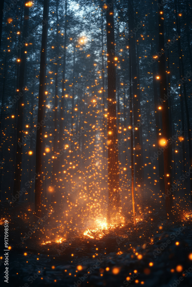Poster a mystical forest where the embers released by a dying fire transform into fireflies, each carrying 