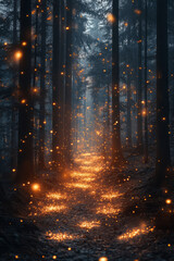 Fototapeta premium A mystical forest where the embers released by a dying fire transform into fireflies, each carrying the essence of the night......