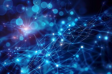 Abstract blue network with glowing lines and bokeh.