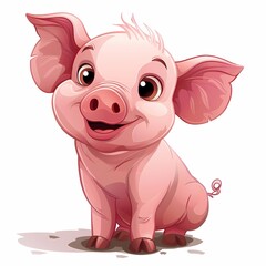 Naklejka premium Cute cartoon piglet with big eyes and a joyful expression, sitting on a white background.