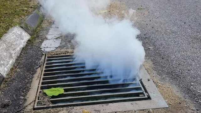 Insecticide fog emit from drain cover after worker fog into drain to kill larva of aedes mosquitos, carrier of dengue disease.