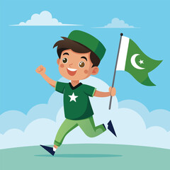 14th August of Independence Day of Pakistan, boy with Pakistan flag waving vector design cartoon
