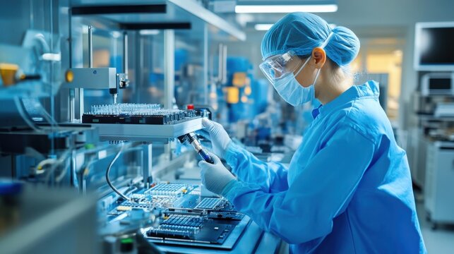 A clean, minimalist lab environment where semiconductor chips are being manufactured