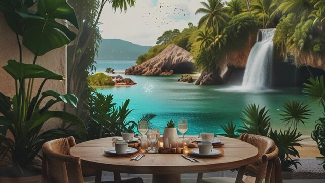 A dining table with a waterfall view, seamless 4K looping virtual video animation background