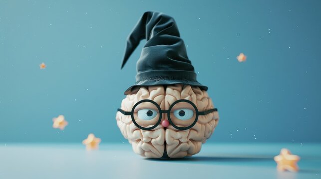 An anthropomorphic brain wearing glasses and a wizard's hat, with a whimsical background of stars