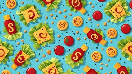 background patterns incorporate playful food related patterns like ketchup and mustard.