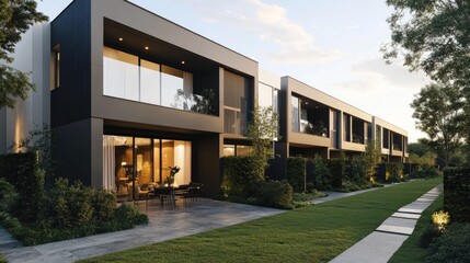 Obraz premium A stylish urban townhouse with a minimalist exterior and space for copy