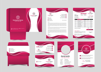 Office Stationery Template Set of Business Card, Id Card, Letterhead, Invoice, Envelope, File Folder. Corporate Identity Print Template Set.