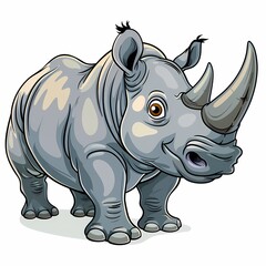 Obraz premium A cartoon-style rhinoceros with a friendly expression and prominent horn, showcasing its features.