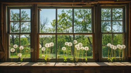 View of dandelions and trees through the window.