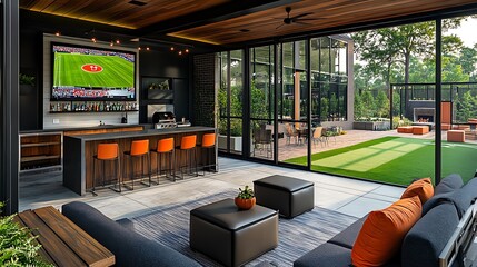 An aesthetic modern outdoor man cave with a sports theme