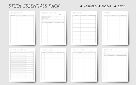 Study Essential Pack Bundle Template, Study Planner, School, Collage, High School And Semester Planner.