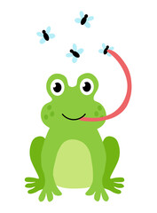 Cute frog catches midges with his tongue. Children Hand drawn vector flat illustration.