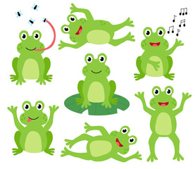 Set of cute frogs. Children Hand drawn vector flat illustration. Summer clip art collection.