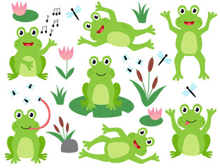 Set of cute frogs. Children Hand drawn vector flat illustration. Summer clip art collection.