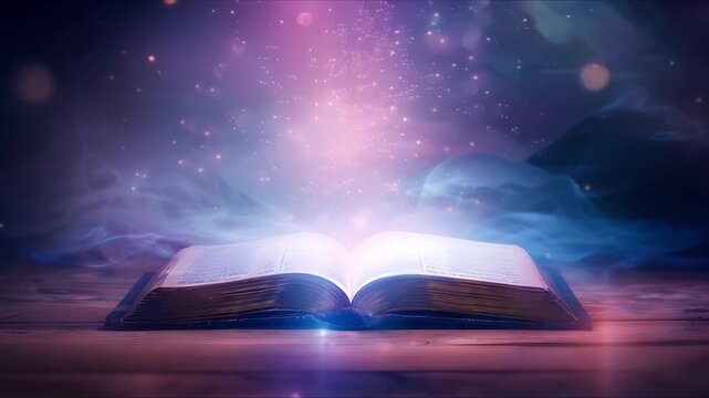 3d animation of mystical open book with dark spell collage and glowing particles floating over it