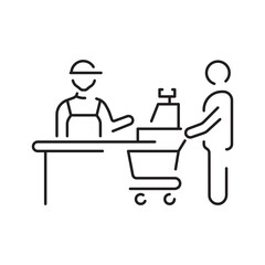The grocery store cashier stands at the checkout with a linear icon