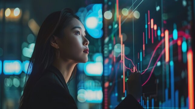 Professional woman analyzing stock data with AI-driven tools, showcasing advanced financial intelligence.