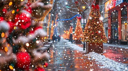 Winter night city in festive Christmas and New Year lights bokeh