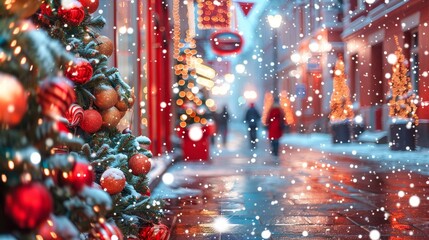 Winter night city in festive Christmas and New Year lights bokeh