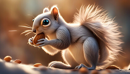 Fototapeta premium A small, fluffy-tailed squirrel climbs a steep snowy cliff