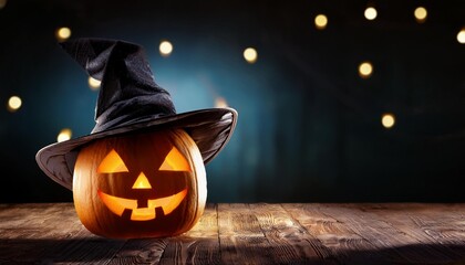 魔女の帽子をかぶった暗闇で光るハロウィンのカボチャ（Glow-in-the-dark Halloween pumpkin wearing a witch's hat）  © ochikosan