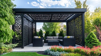 Naklejka premium Take a photo of a black pergola with decorative panels, with modern outdoor furniture in a beautifully landscaped setting. Poduto photo.