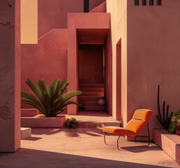 A serene outdoor space featuring warm tones, sleek furniture, and lush greenery, perfect for relaxation and modern aesthetic.